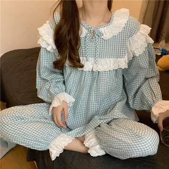

2020 Cute Women Pajamas 2 Pieces Pajamas Set Plaid Printing Thin One Size Female Home Clothes Sleepwear Cotton Pyjamas Suit