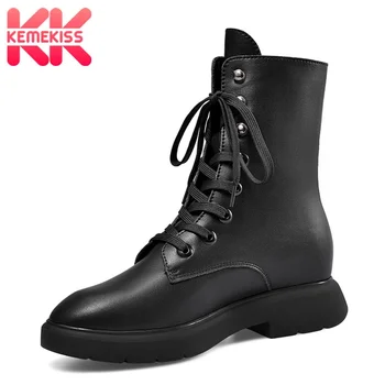 

KemeKiss Real Leather Black Casual Women Ankle Boots Fashion Round Toe Dance Flat Botas Cross-Tied Female Footwear Size 34-39