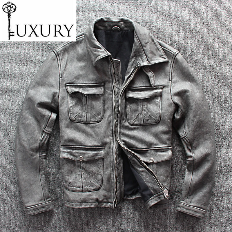Retro Men's Genuine Jacket Multi-pocket Motorcycle Biker Leather Coat Male Vintage Casual Grey Free Fast Ship | Мужская одежда