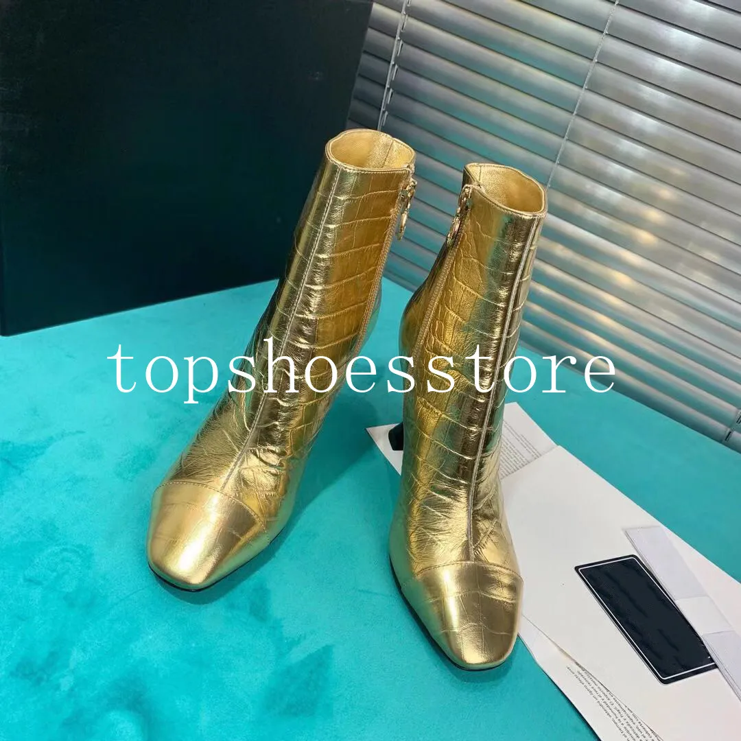

women boots gold Crocodile skin texture embossed cowhide shoes fashion zip lady heels 2019 new designer brand women shoes