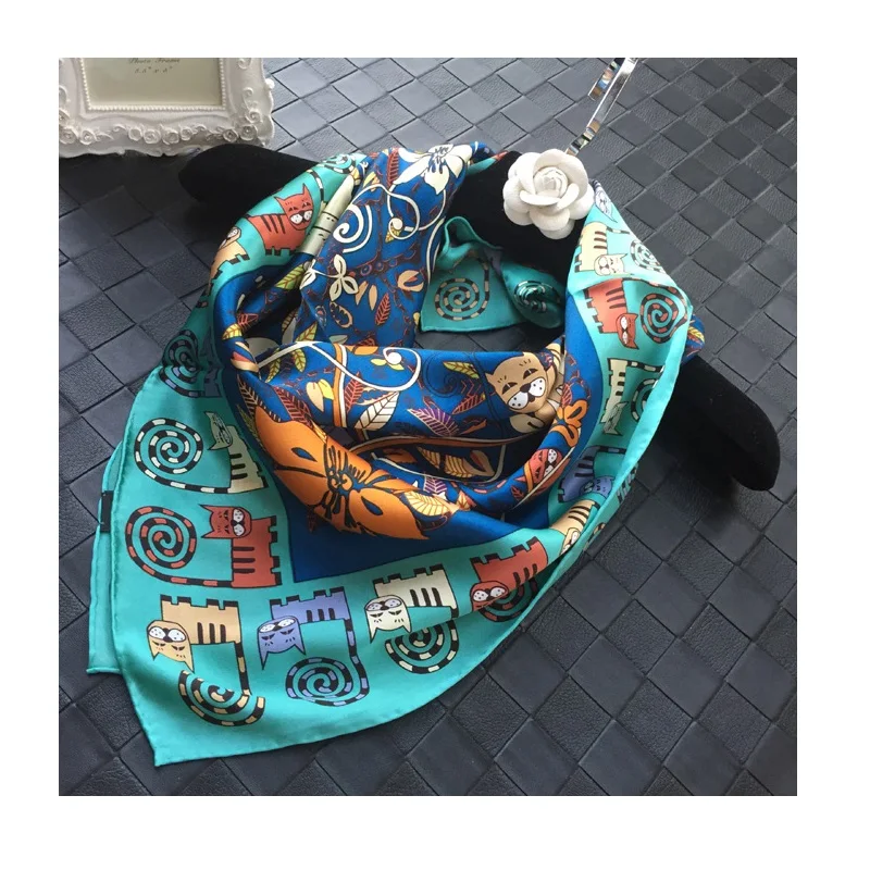 100% Satin Silk Scarf Shawl Animal Cats Print Women Wraps Foulard 88x88cm |