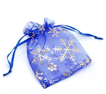 

Organza jewelry storage bags Drawstring Rectangle Blue Christmas Snowflake 12cm x9cm(4 6/8" x3 4/8"),100 PCs