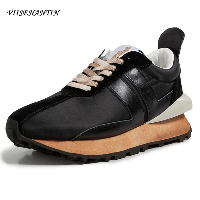 

New Genuine Leather Fabric Casual Sports Chunky Shoes Autumn Thick-soled Retro Color Matching Lace-up Breathable Sneakers Women