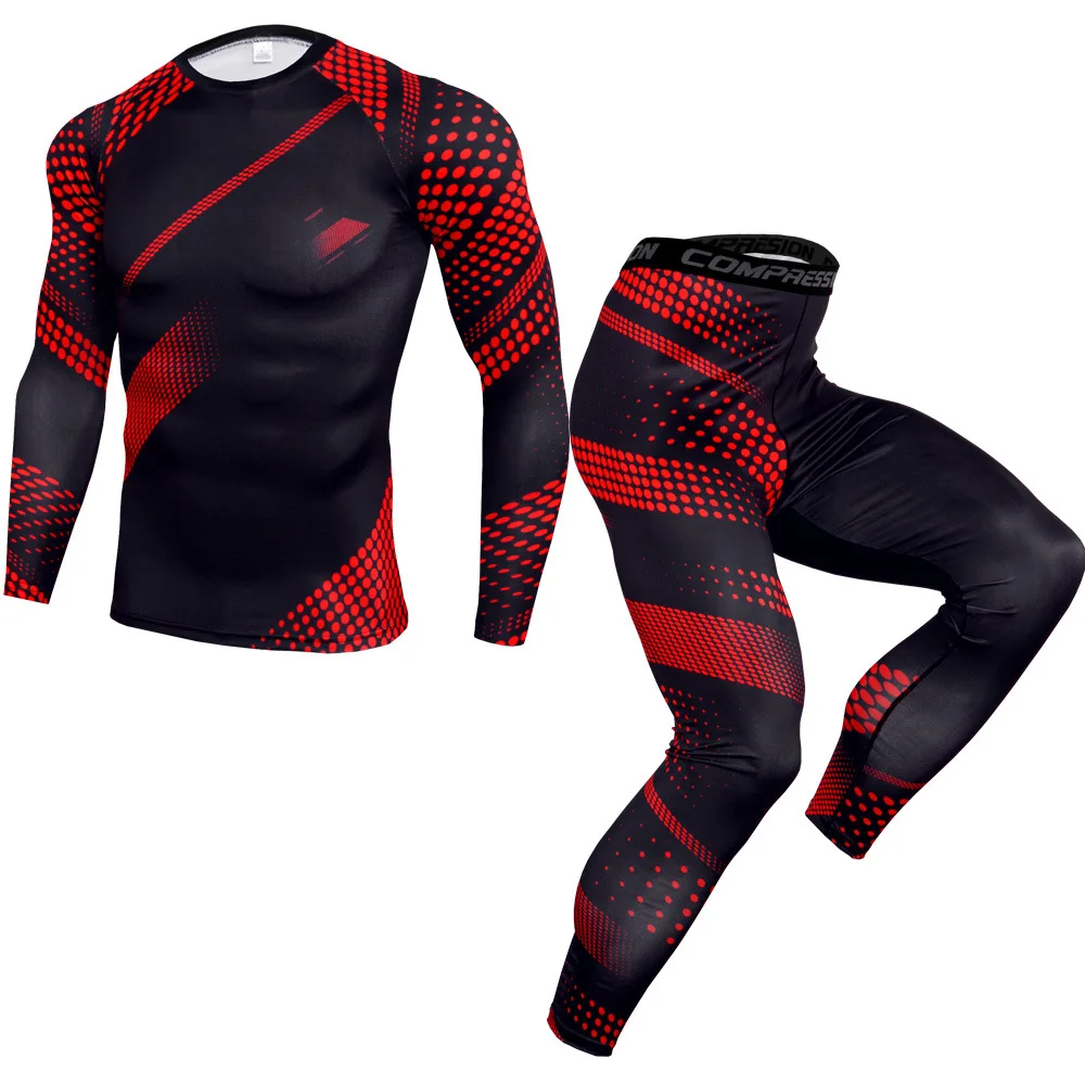 Мужской спортивный комплект для бега, компрессионная футболка+ штаны, облегающая кожу, с длинными рукавами, Рашгард для фитнеса, ММА, тренировочная одежда, спортивный костюм для йоги - Цвет: A3