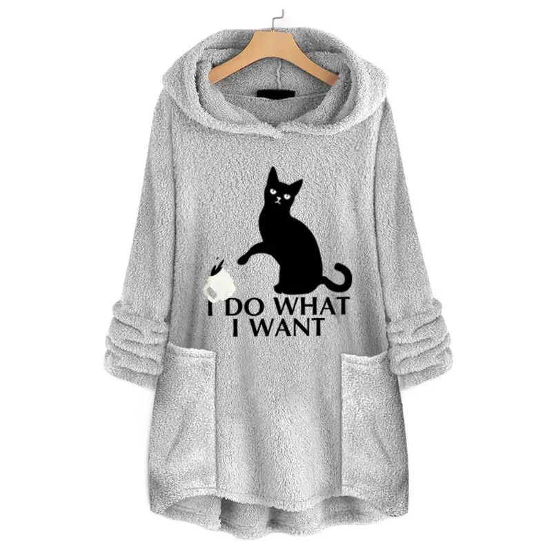 Womens Plus Size Winter Thicken Plush Hooded Sweatshirt Cute Lazy Cat Cartoon Printed Loose Asymmetric Hem Tunic Tops M-5XL