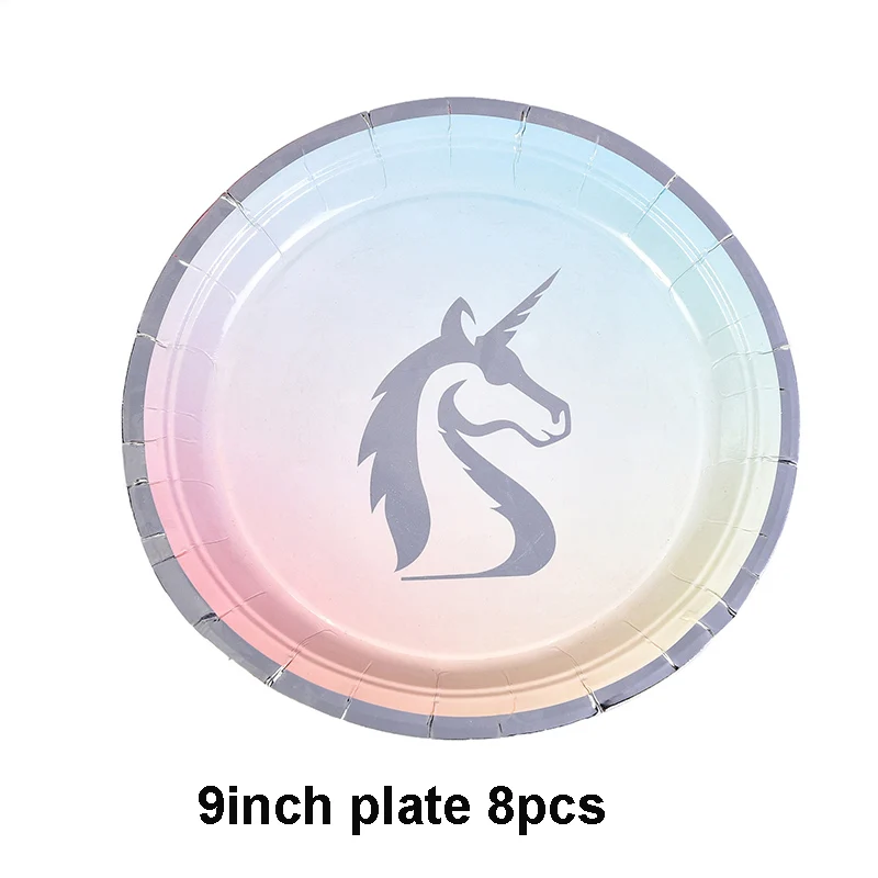 9inch plate 8pcs Украшения на день рождения Единорог бумажные тарелки стаканчики соломенные дети День рождения Свадьба Одноразовые посуда предметы для украшений - Цвет: 9inch plate 8pcs