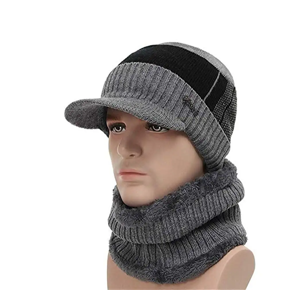 Стиль Мужская зимняя теплая шапка вязаная шапка с козырьком флисовая подкладка шапочка с полями - Цвет: Серый