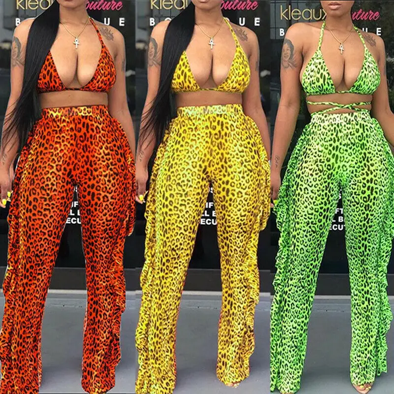 

Women's Leopard Pattern Clothes Set Halter Crop Top Wide Leg Pants Casual Boho Palazzo Trousers Clothing Set Woman Outfits