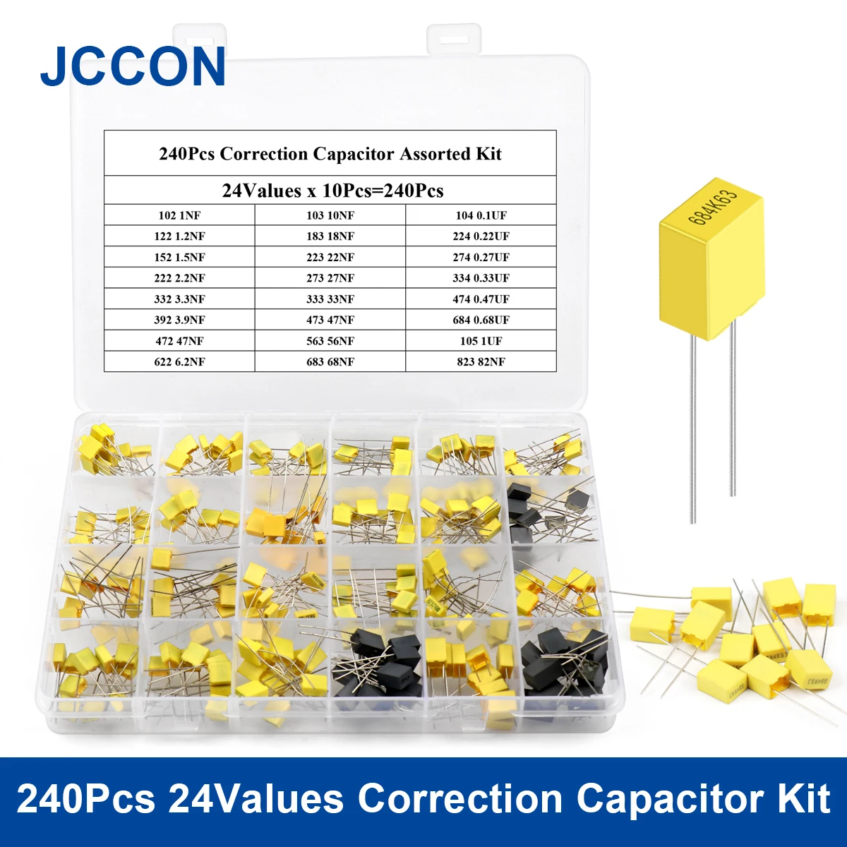 240Pcs Correction Capacitor Assorted Kit 24Values x 10Pcs 63V-100V 102J-105J Polypropylene Safety Plastic Film Capacitors 240pcs box correction capacitor kit 24values x 10pcs 63v 100v 102j 105j polypropylene safety plastic film capacitors assorted se