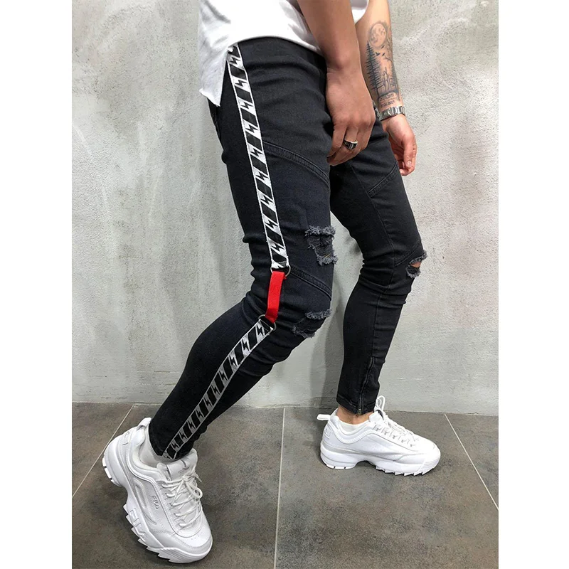 

Men Jeans Hole Skinny Pencil Pants Slim Zipper New Men Fashion Print Patchwork Jeans Casual Denim Pants Men Streetwear
