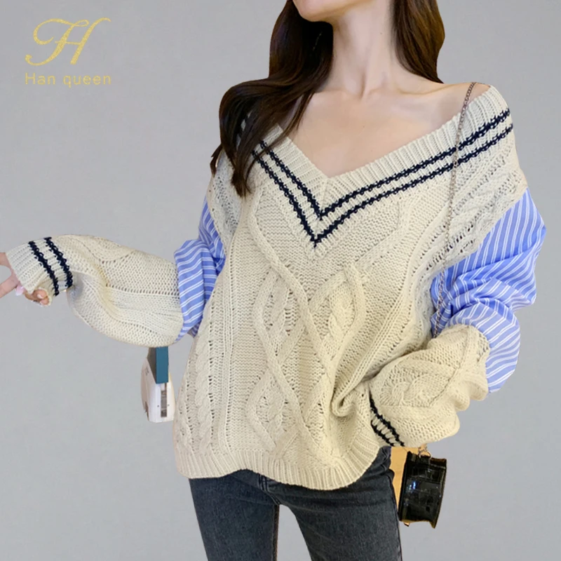 

H han queen Stripe Oversized Sweater Women Loose Shirt Patchwork Knitting Pullovers Preppy Style Sweaters Off The Shoulder Tops