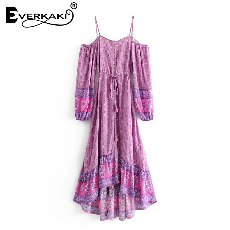 Purple Everkaki Gypsy Floral Print Slip Dress Women Sashes Boho Adjustable Waist Off Shoulder Tassels Dresses Female Autumn New - Цвет: Purple