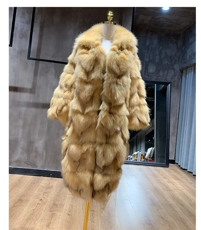 Натуральный Лисий мех, зимние женские пальто, длинные, модная настоящая меховая шуба, Женское пальто из натурального Лисьего меха, теплое - Цвет: Цвет: желтый