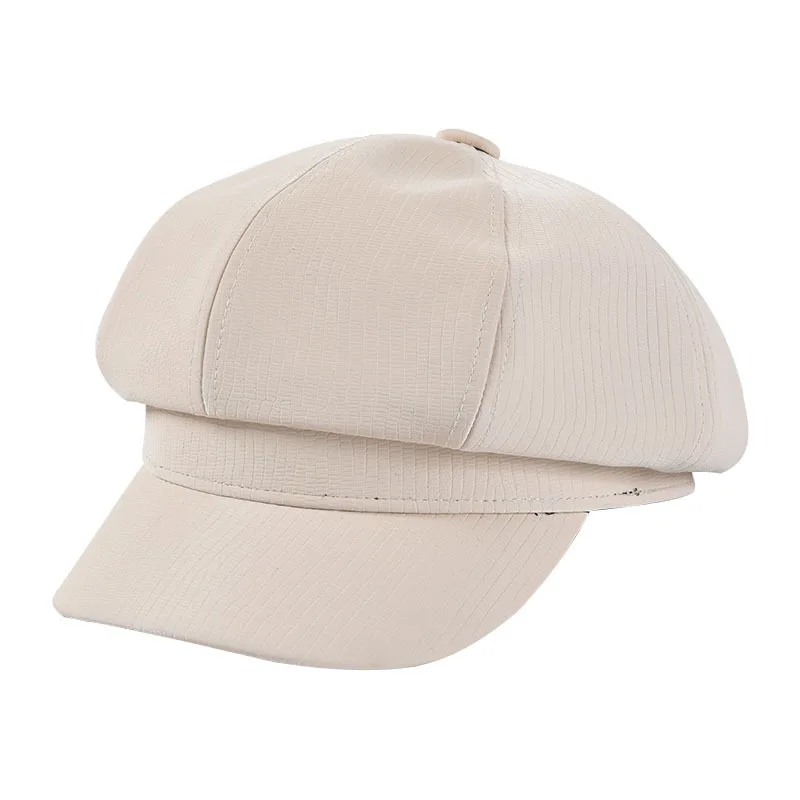 

Female 2019 autumn and winter new Korean version of the solid color bright leather cap avocado green octagonal cap
