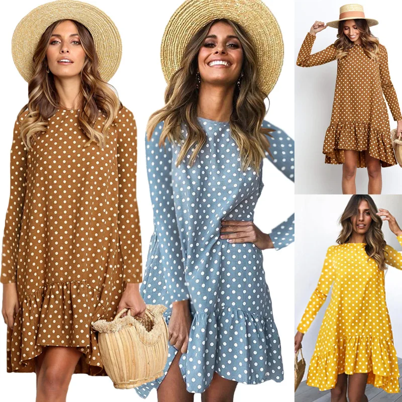 2020 Women Autumn Dress Fashion Polka Dot Chiffon Boho Long Sleeve Ruffle Female Casual Yellow | Женская одежда