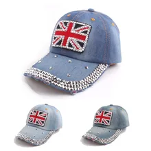 Новинка, брендовая Кепка с британским флагом, высокое качество, бейсболки для женщин, регулируемая хлопковая кепка, стразы, джинсовая кепка
