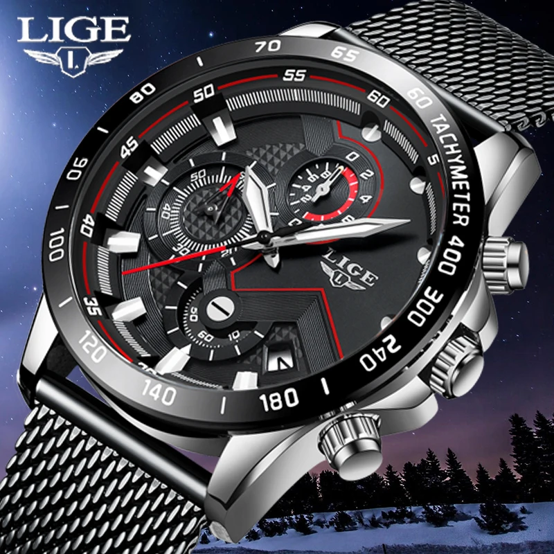 

LIGE Fashion Mens Watches Top Brand Luxury Watch Quartz Clock Black Watch Men Waterproof Sport Chronograph Relogio Masculino+Box