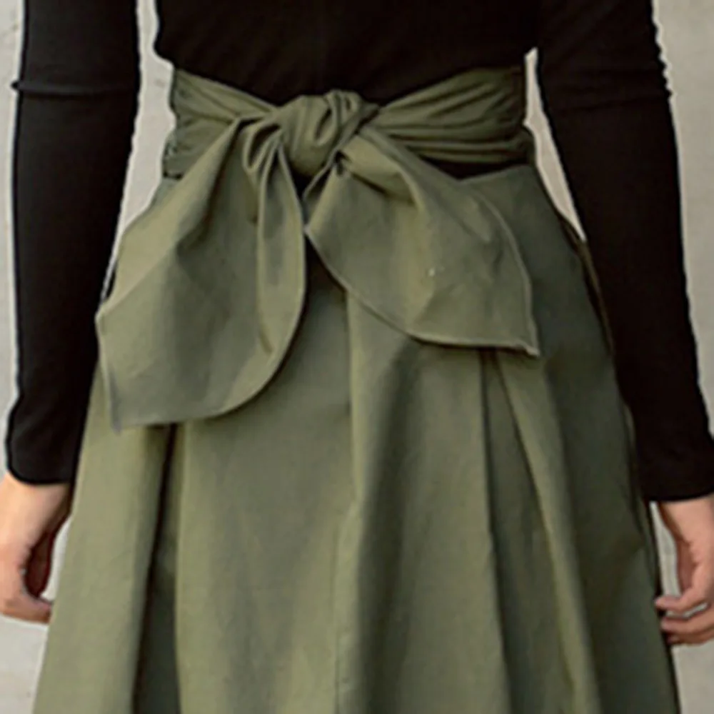 Армейский зеленый льняная юбка женская модная Корейская Офисная женская элегантная повседневная простая длинная юбка макси с бантом винтажные трапециевидные юбки