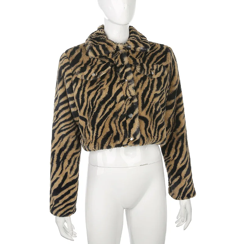 Зимние Модные теплые короткие куртки и куртки для женщин тигровый полосатый принт искусственный мех меховое пальто осеннее дамское плюшевое пальто
