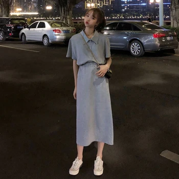 

Two-piece French niche summer 2020 new Korean version of the ocean loose short-sleeved T-shirt + A type skirt set