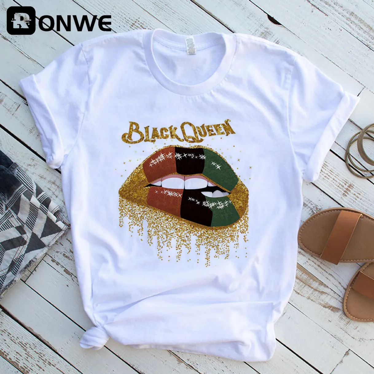 Women Black Queen White Print T shirt Girl Harajuku 90s Clothes Female Summer Tops Tee Drop Ship | Мужская одежда