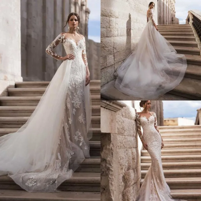 

Sheer Long Sleeve Mermaid Wedding Dress with Detachable Train Lace Applique Beach Wedding Gowns Sexy Boho Vestido De Novia