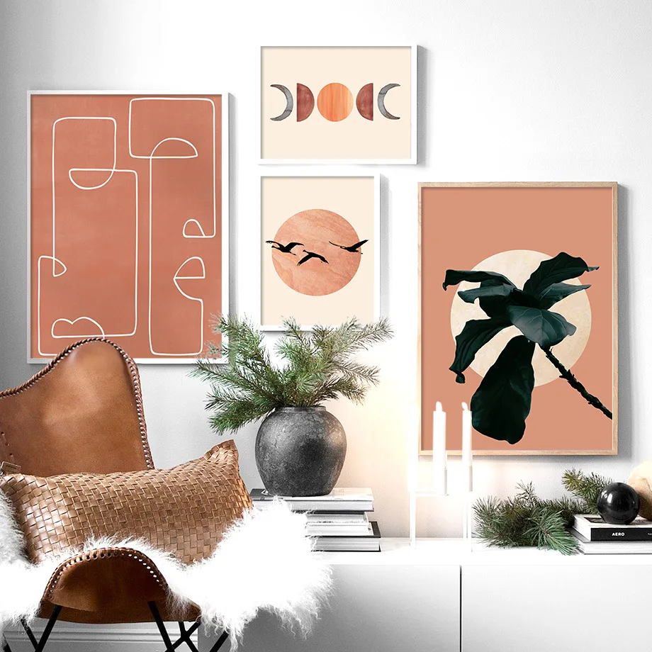 Abstract Sun Face Moon Plant Orange Wall Art Canvas Painting Nordic Posters And Prints Wall Pictures For Living Room Home Decor
