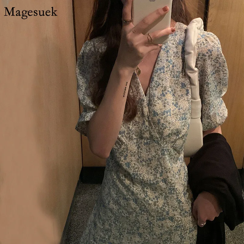 

Женское шифоновое платье с цветочным принтом, свободное офисное платье во французском стиле, с v-образным вырезом, лето 2021, 15253