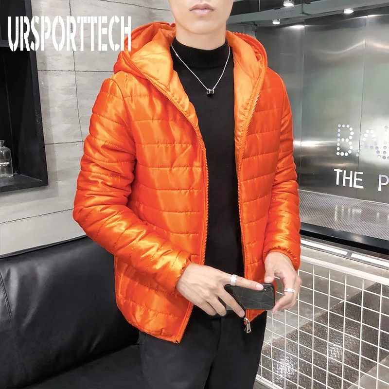 Orange URSPORTTECH, новинка, мужская зимняя куртка, повседневная, толстая, теплая, глянцевая, мужская куртка, роскошная верхняя одежда, ветрозащитная, водонепроницаемая, с капюшоном, парка, пальто для мужчин - Цвет: Orange