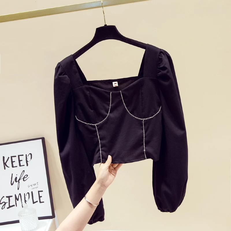 Women Blouse 2021 Spring New Square Neck Puff Sleeve Shirt Female Long Sleeve Splicing Short White Black Chiffon Top Femme