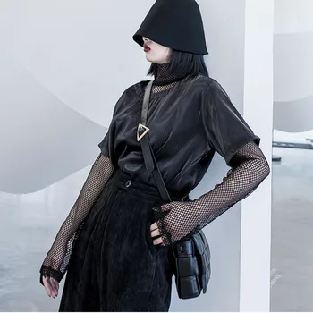 

Mesh False Two Piece T Shirt Fashion New Patchwork Small Fresh 2020 Spring Turtleneck Pleated Minority Casual Tee DMY2374