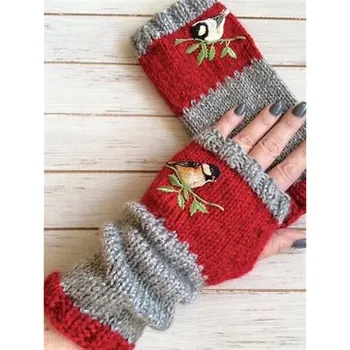 Embroidery Birds Gloves Cotton Fingerless Glove for Women Knitted Block Splice Mittens Womens Girls Gloves Without Fingers 5