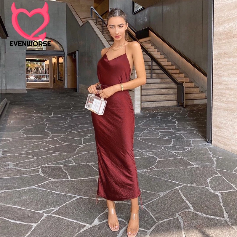 

Evenworse Lace Up Long Dress 2020 Spring Summer Women Hem Adjustable Backless Elegant Dresses Party Outfits Sexy Club Clothes