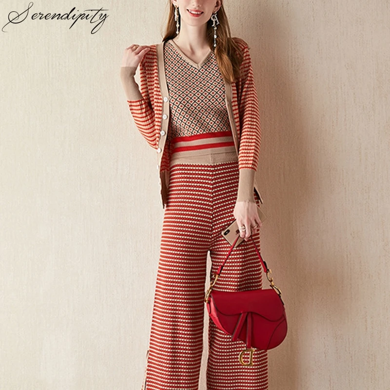 Уличная одежда комплект из 3 предметов вязаный полосатый осенне-зимний женский