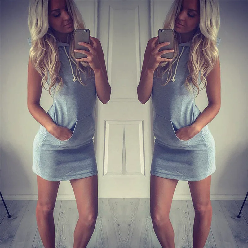 

Summer Fashion Women Slim Sleeveless Pocket Bodycon Short Dress Ladies Hoodies Top Mini Casual Dress Vestidos Plus Size