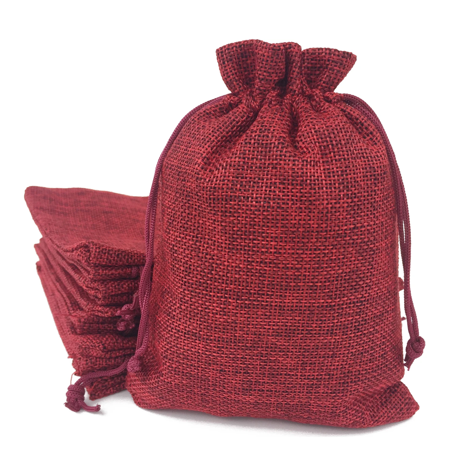 

One Pack (50PCS) 13X18CM Red Gift Burlap Fabric Favor Sack Bags with Drawstring For Kids Party Birthday and Wedding Accessories