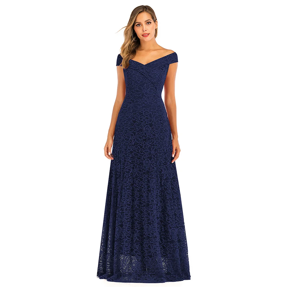 new lady off-shoulder lace sexy long dress women banquet elegant solid slim dress - Цвет: Тёмно-синий