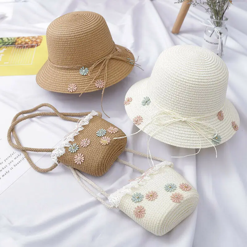 2 шт. детские соломенные шляпы с цветами и сумкой | Детская одежда обувь