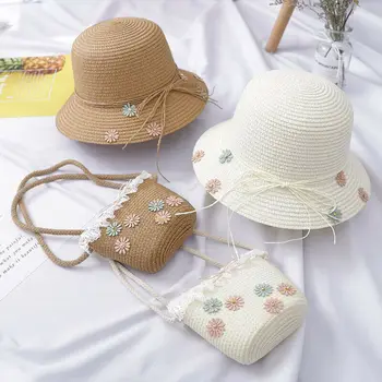 

New Summer Kids Straw Hats Colorful Flower Children Beach Cap Baby Photography Props Baby Girl Hat Sun Visor Caps + Bag 2Pcs