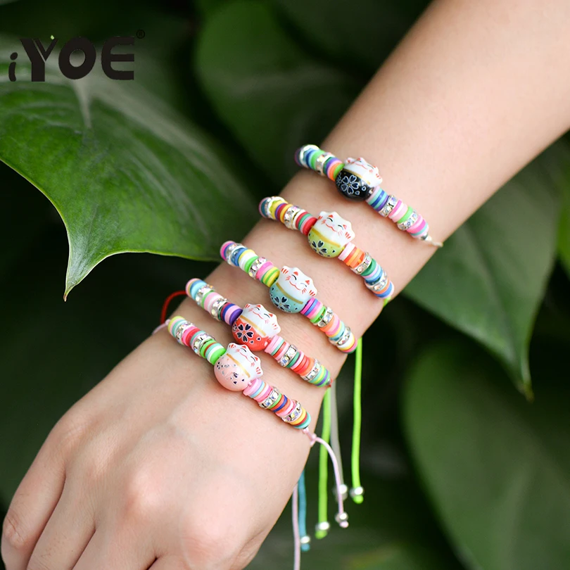 

IYOE Handmade Smile Cat Kids Bracelets For Kids Rainbow Soft Clay Beads Crystal Ceramic Cat Charm Bracelet Birthday Party Gift