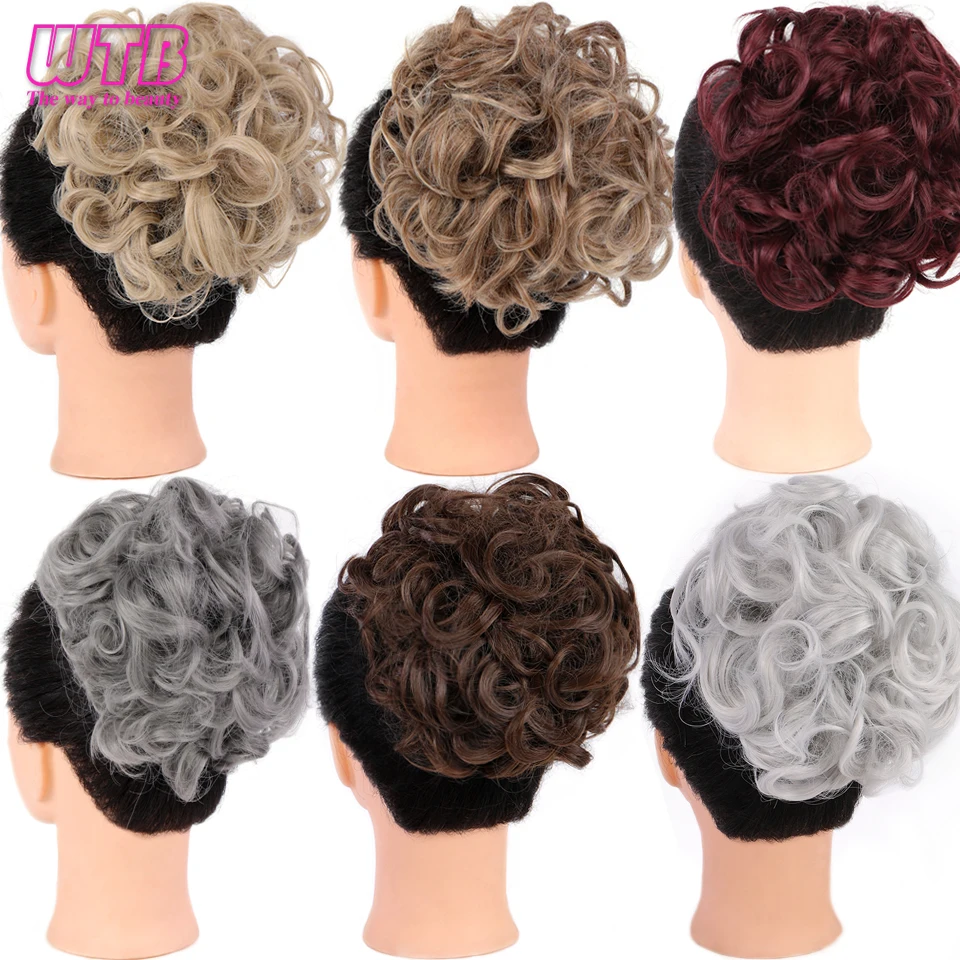 WTB Synthetic Messy Curly Chignon with Rubber Band Hair Bun Two Plastic Comb Clip In Updo Cover Hair Ponytail for Women 25 Color hair bun extensions