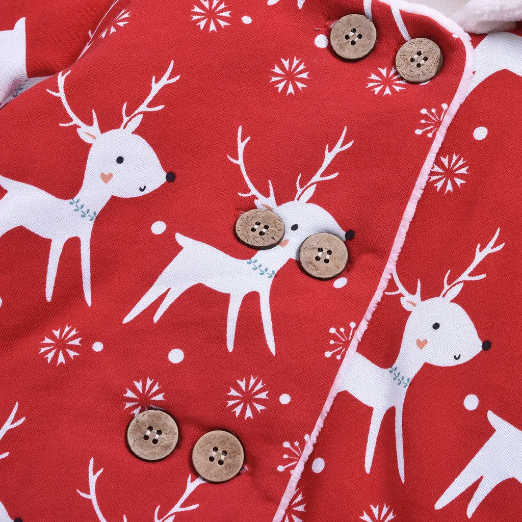 Детское зимнее пальто для маленьких мальчиков и девочек, Рождественская стеганая верхняя одежда с капюшоном и рисунком оленя, двубортная зимняя одежда с капюшоном и воротником для маленьких девочек