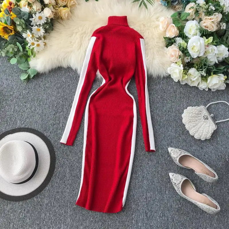 

2019 new fashion women's High-necked dress Korean version Contrast color to receive the waist was thin knit bottoming