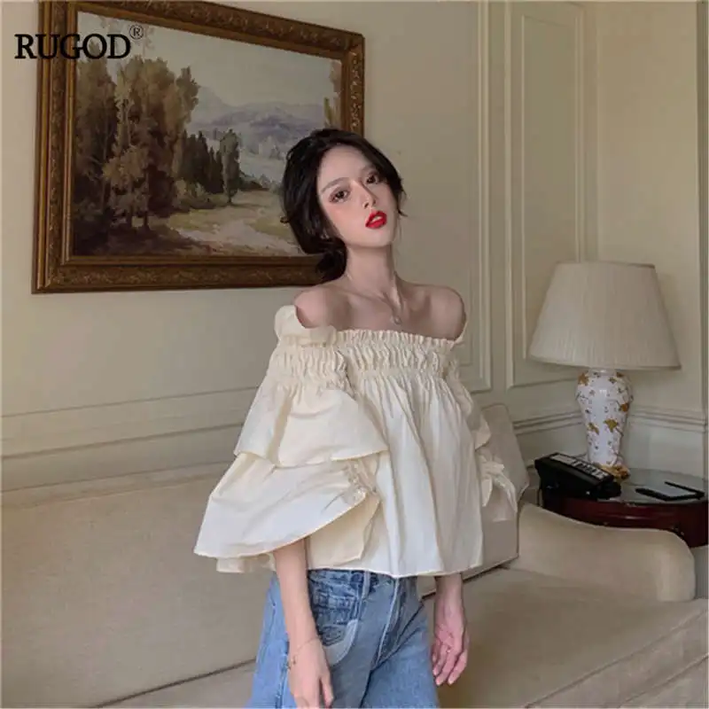 

RUGOD Boho Chic Solid Stringy Selvedge Blouse Slash Neck Super Fairy Off Shoulder Blouse Casual Modis блузки женские модные нов