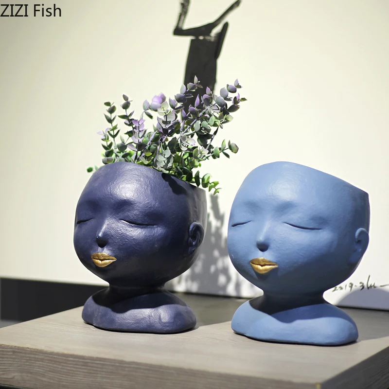 Creative Resin Face Sculpture Smiley Vase Figurines Avatar Flower Pot Desktop Arrangement Plant Ornaments Home Decoration | Дом и сад