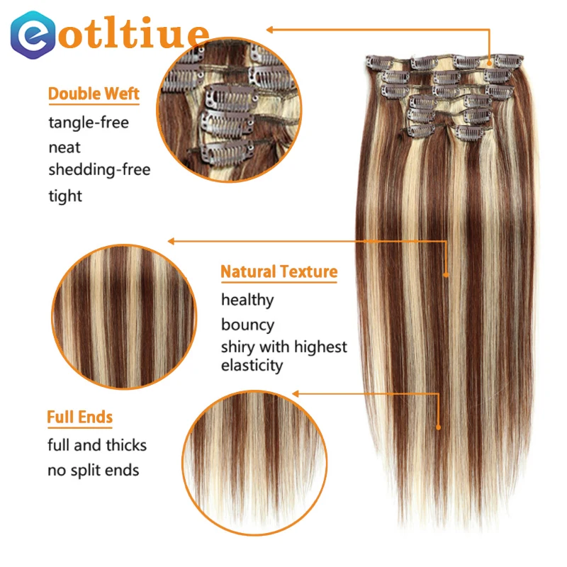 Eotltiue Brazilian Remy Straight Hair Clip In Hair Extensions Human Bundles 7 Pieces/Set Full Head Sets Piano Colored