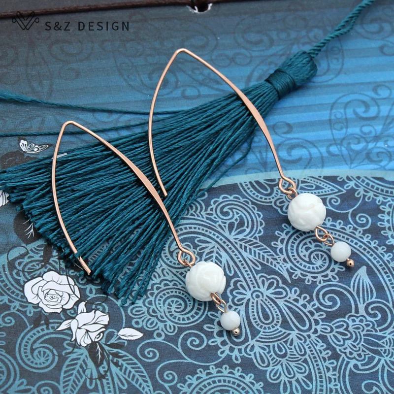 S&Z DESIGN Long Round Natural White Shell Beads Dangle Earrings 585 Rose Gold Color Fine Eardrop For Women Girl Wedding Jewelry