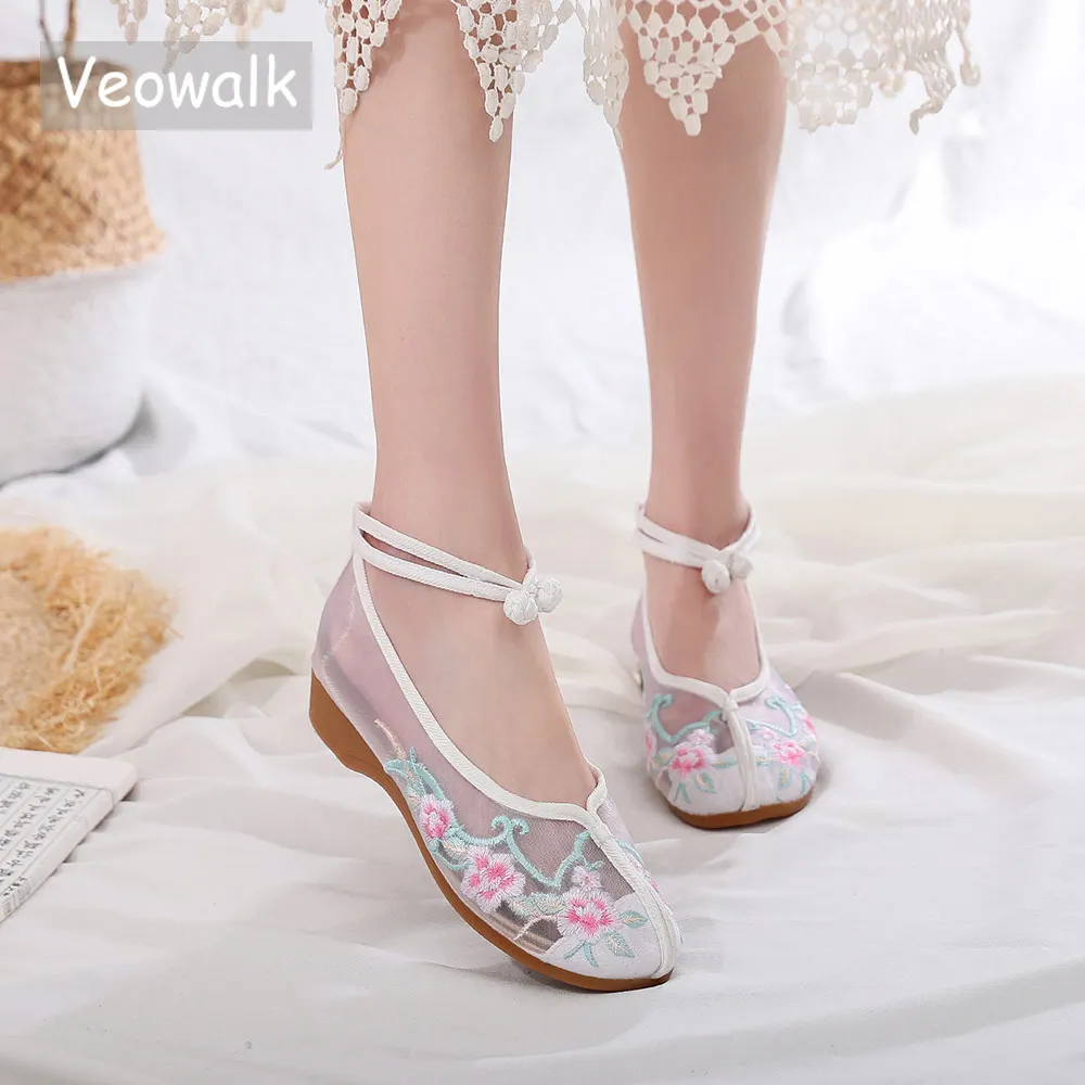 Veowalk Flower Embroidered Women Gauze Cotton Fabric Ballet Flats