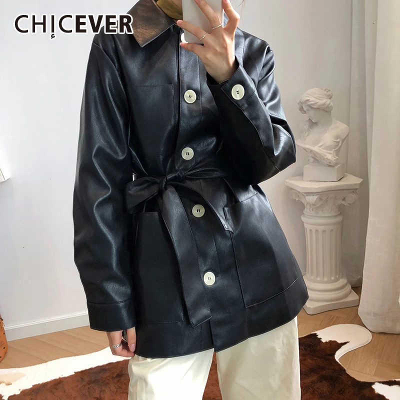CHICEVER/Женская куртка из искусственной кожи со шнуровкой, воротник с отворотами, длинный рукав, пальто высокого пояса, большие размеры, Женская Осенняя Новинка