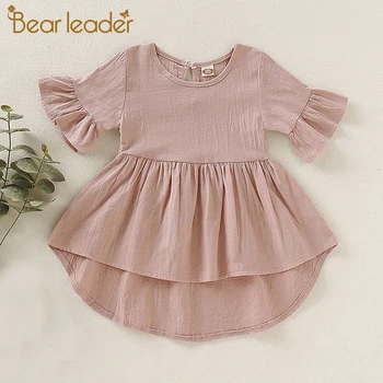 

Bear Leader Casual Kid Baby Girl Plain Dress cute Clothes Summer Ruffle Flare Sleeve Dress Girl Asymmetrical Solid Sundress 1-5Y